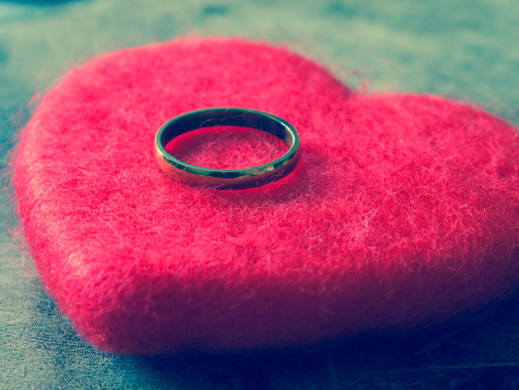 A heart with a purity ring resting on it, referring to virginity.