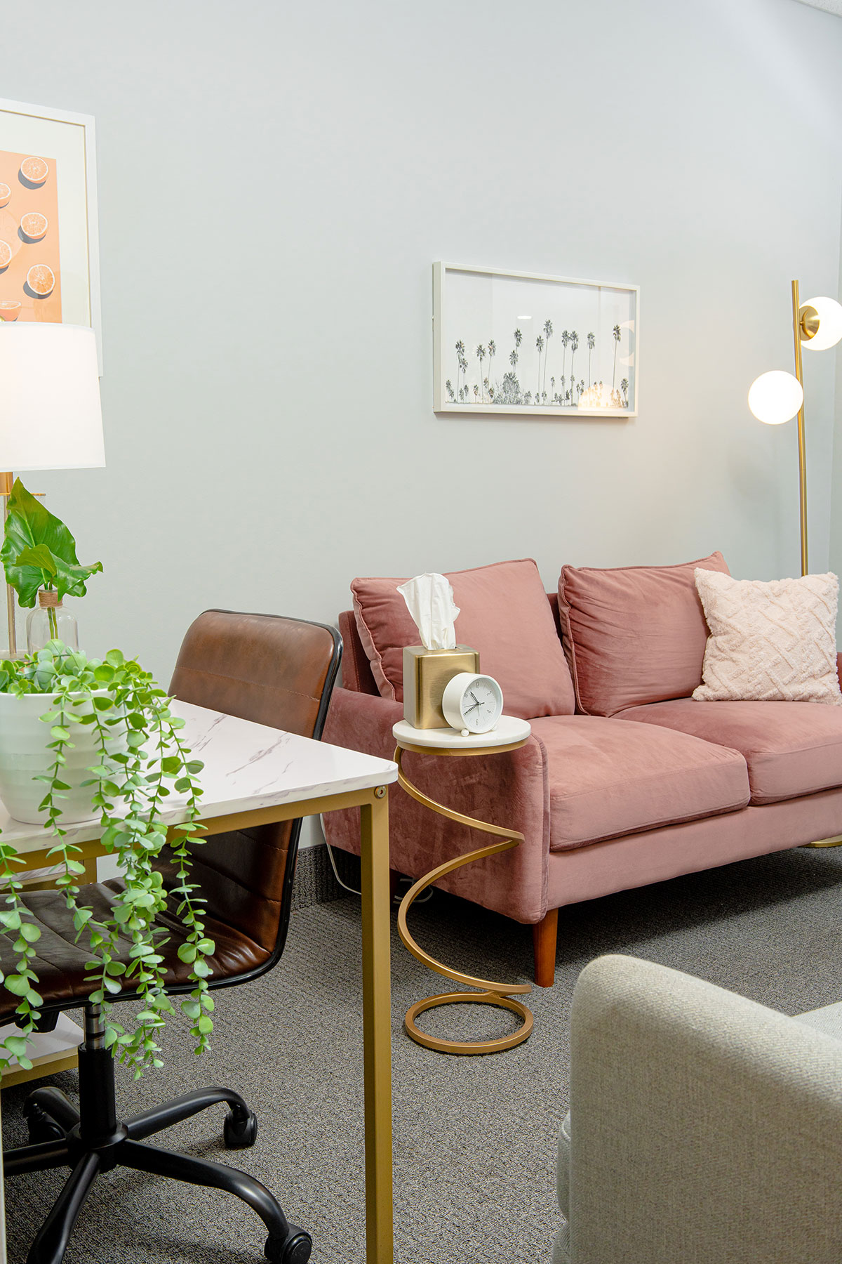 pink couch at Therapy for Women Center Main Line | 33 Rock Hill Rd | Bala Cynwyd, PA 19004