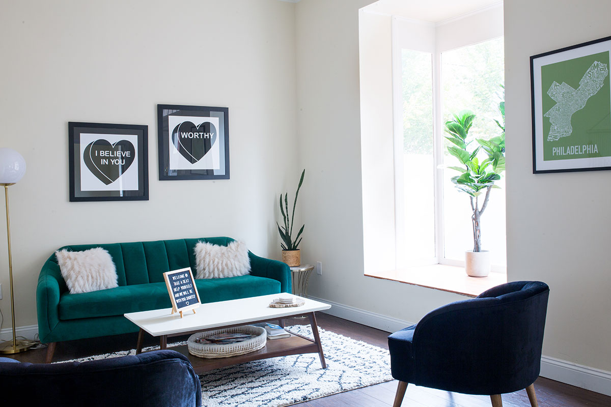 Couch and welcome room at Therapy for Women Center Old City | 325 Cherry St | Philadelphia, PA 19106