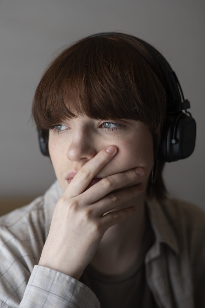 red haired woman wearing headphones with OCD